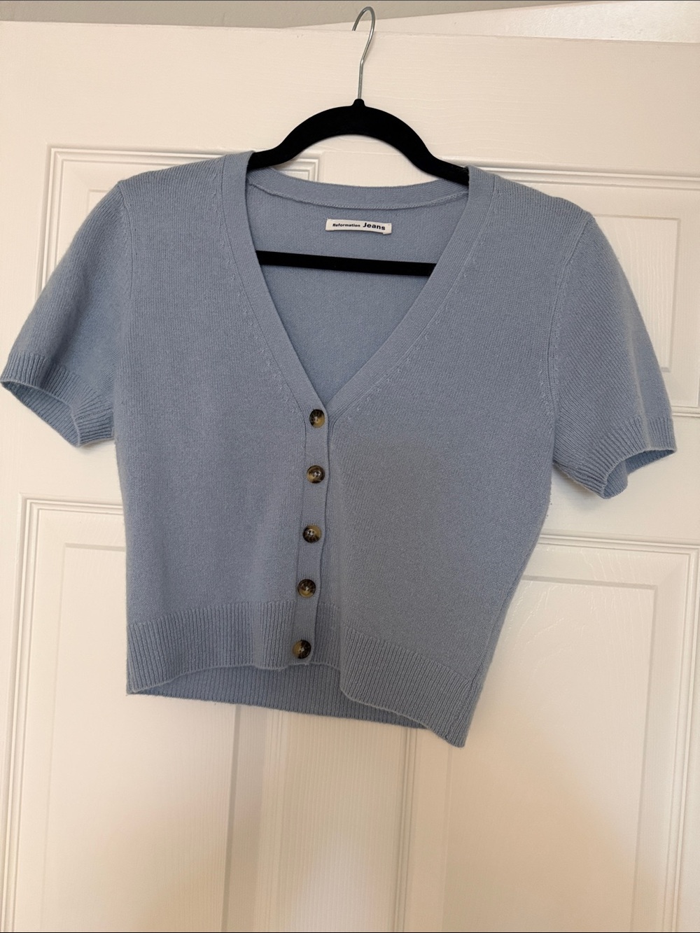 Reformation Pale Blue cashmere short sleeve V-Neck Button Cardigan